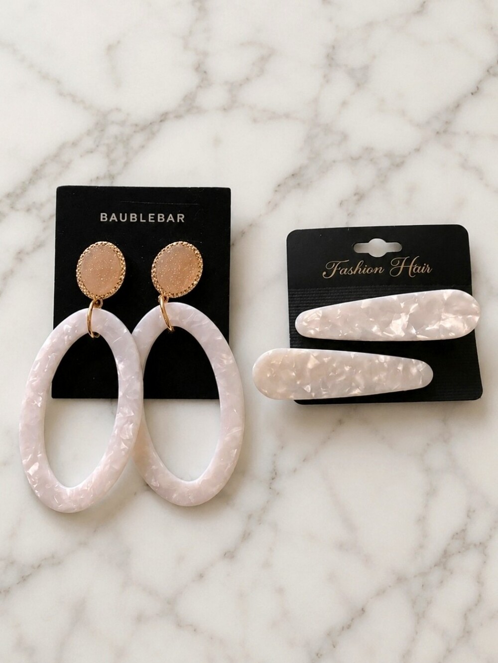 BaubleBar Lucite Druzy Pierced Earrings White Marbled Hair Clips NEW NOC Set